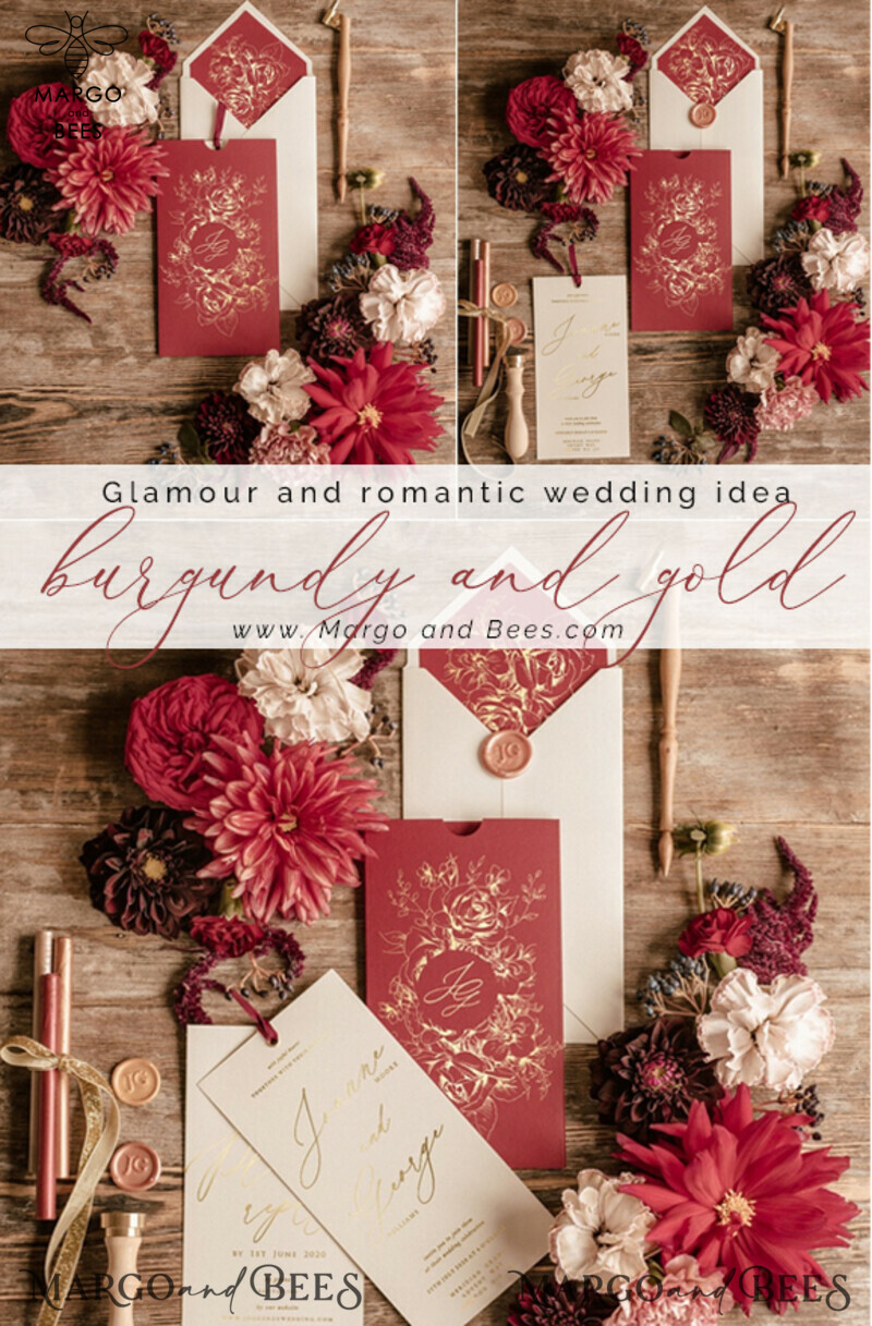 Marsala wedding invitation Suite, Luxury Indian Red and Gold Wedding Cards, Pocket Wedding Invites with burgundy ribbon-1