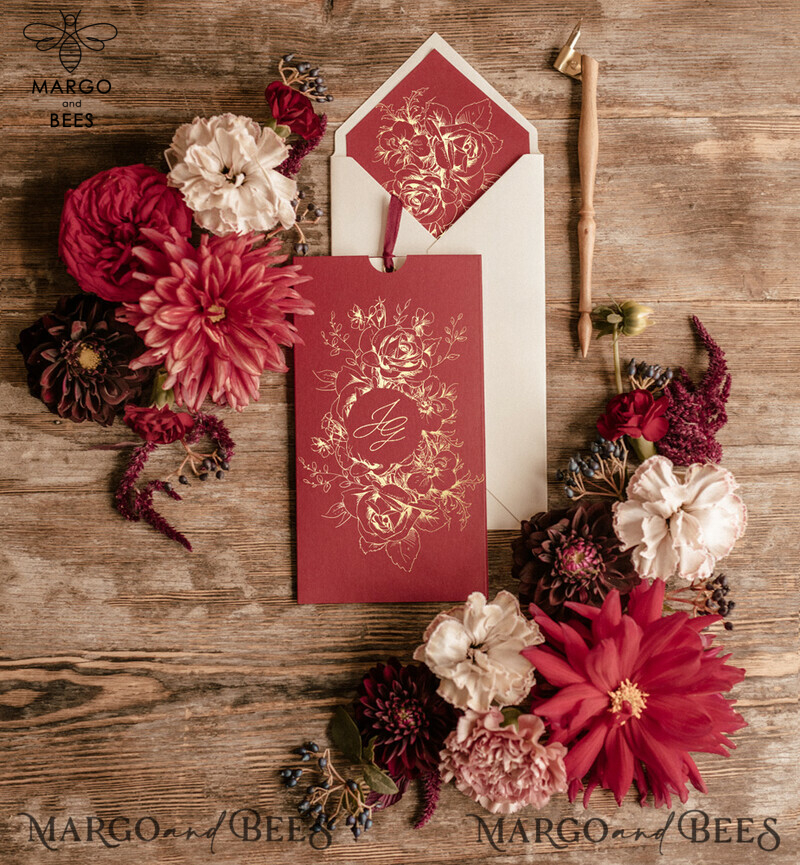 Marsala wedding invitation Suite, Luxury Indian Red and Gold Wedding Cards, Pocket Wedding Invites with burgundy ribbon-2