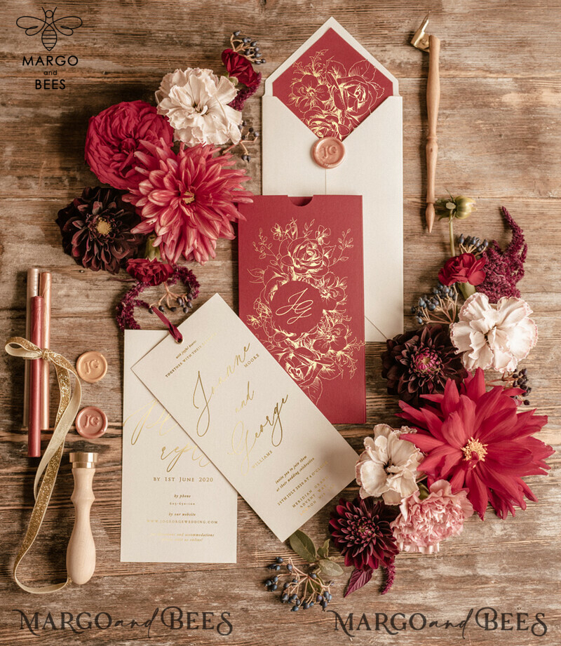 Marsala wedding invitation Suite, Luxury Indian Red and Gold Wedding Cards, Pocket Wedding Invites with burgundy ribbon-3