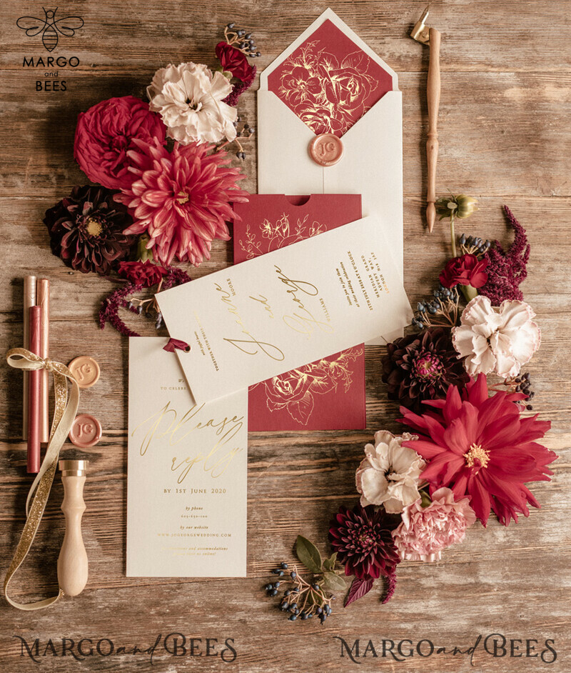  Luxury Golden Shine Arabic Wedding Invitations, Glamour Burgundy Indian Wedding Cards, Elegant Nude Wedding Invites, Romantic Red Wedding Invitation Suite-4