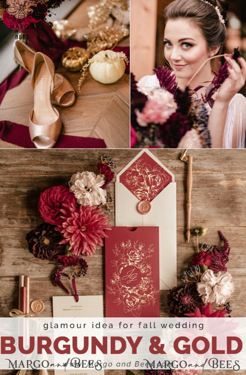 Marsala wedding invitation Suite, Luxury Indian Red and Gold Wedding Cards, Pocket Wedding Invites with burgundy ribbon-6