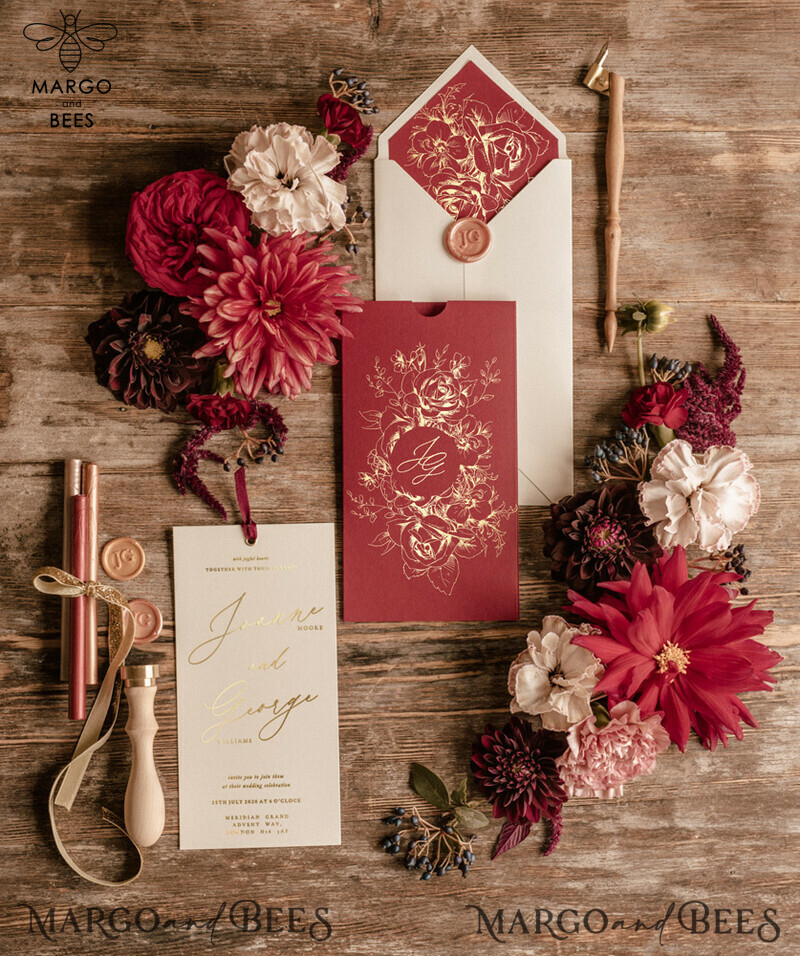 Marsala wedding invitation Suite, Luxury Indian Red and Gold Wedding Cards, Pocket Wedding Invites with burgundy ribbon-0