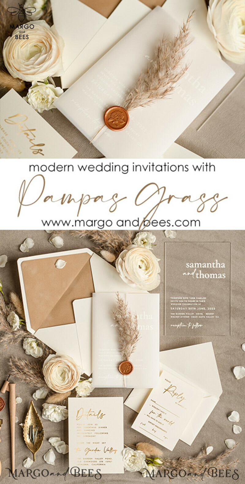 Acrylic Pampass Grass Wedding invitations, Velvet Nude wedding invitations, Elegant Velvet Wedding Invitation Suite, Modern Wedding Invites-3