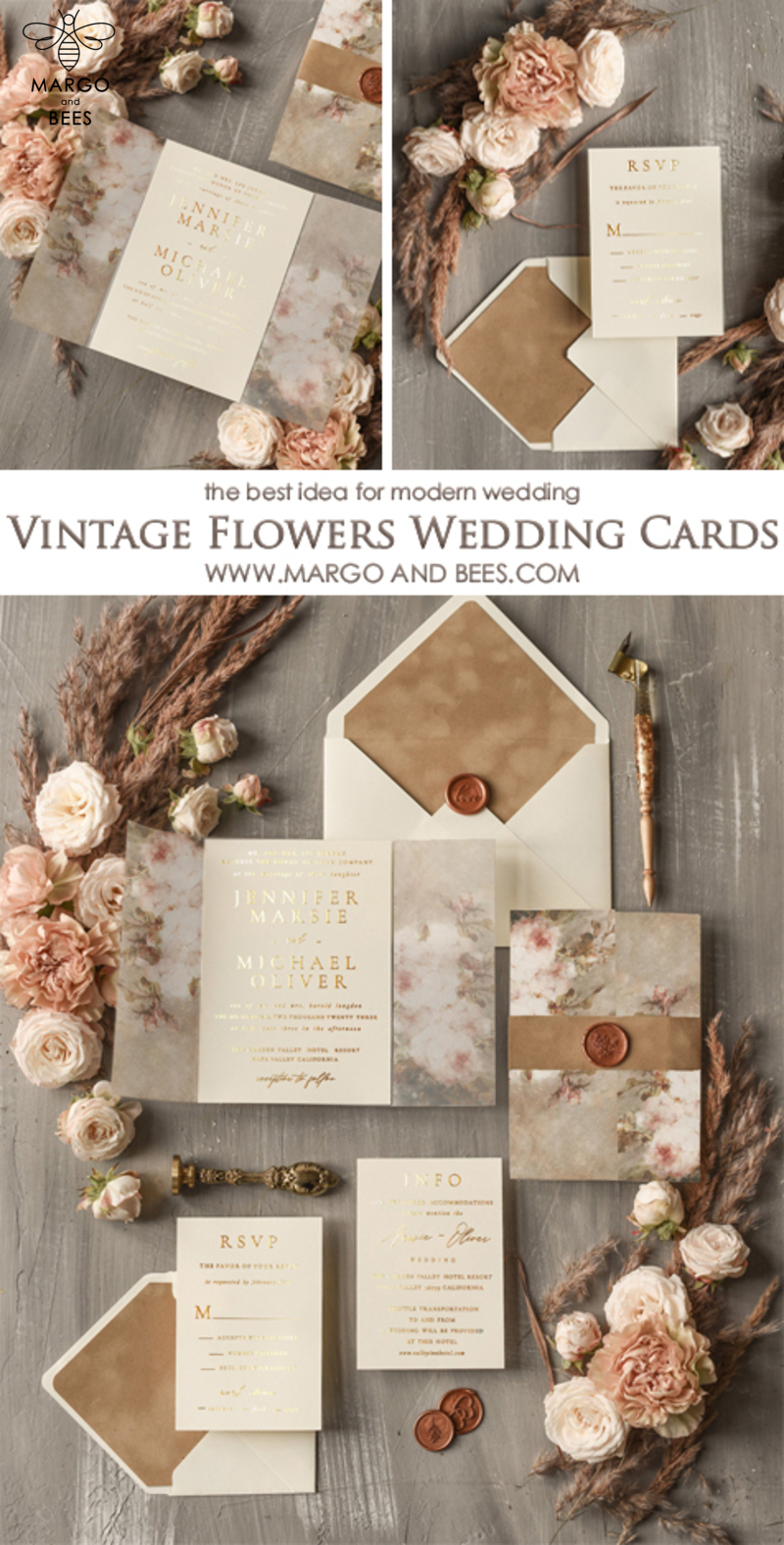 Nude Wedding invitations, Gold Wedding Invites with Vellum Wrapping and Wax seal, Vintage Flowers Wedding Cards-3