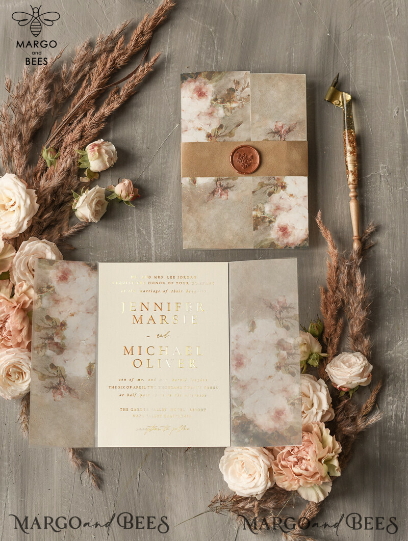 Nude Wedding invitations, Gold Wedding Invites with Vellum Wrapping and Wax seal, Vintage Flowers Wedding Cards-1