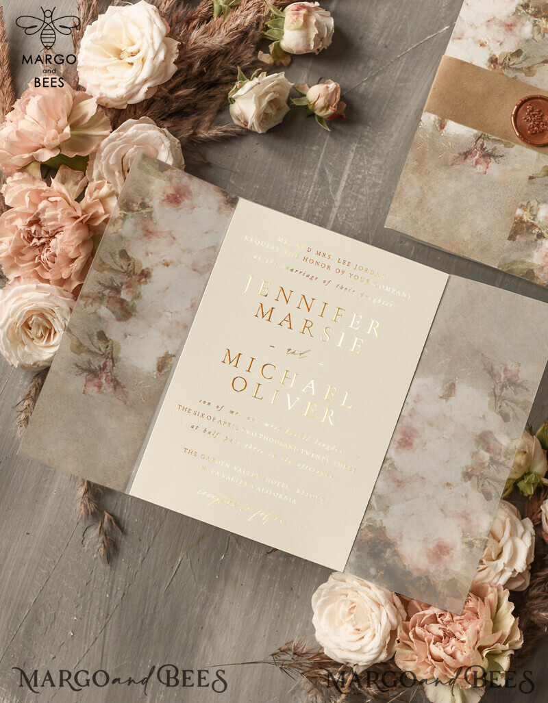 Nude Wedding invitations, Gold Wedding Invites with Vellum Wrapping and Wax seal, Vintage Flowers Wedding Cards-2
