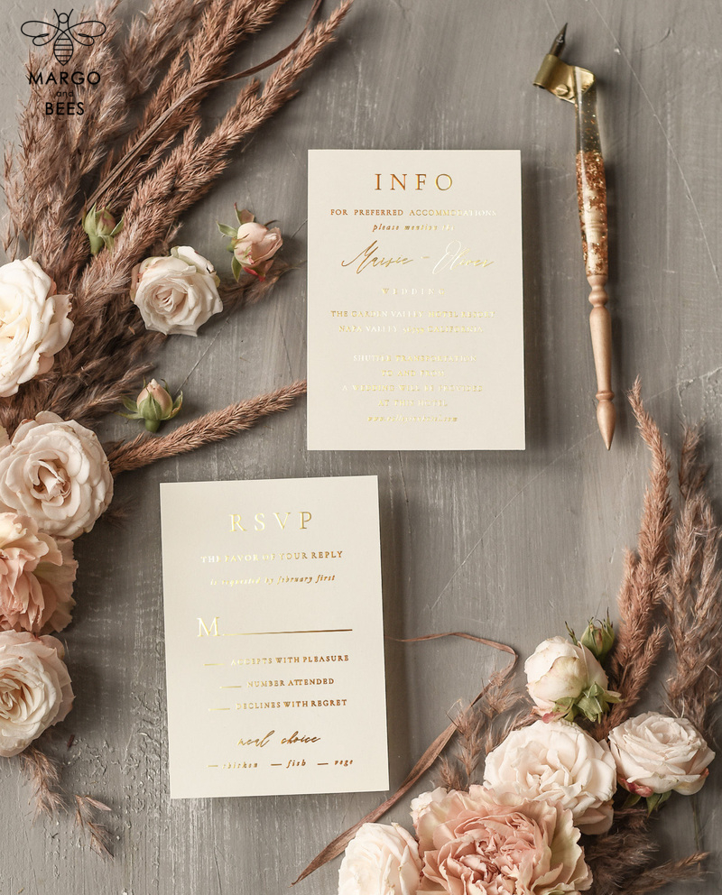 Nude Wedding invitations, Gold Wedding Invites with Vellum Wrapping and Wax seal, Vintage Flowers Wedding Cards-6