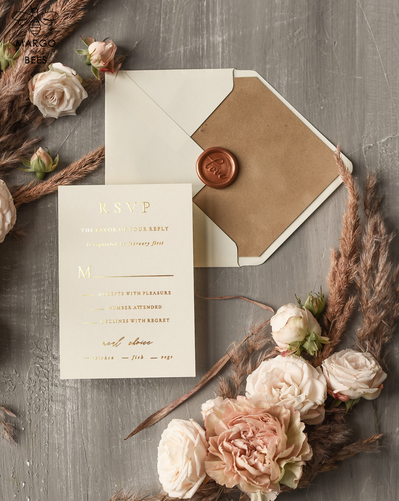 Nude Wedding invitations, Gold Wedding Invites with Vellum Wrapping and Wax seal, Vintage Flowers Wedding Cards-7
