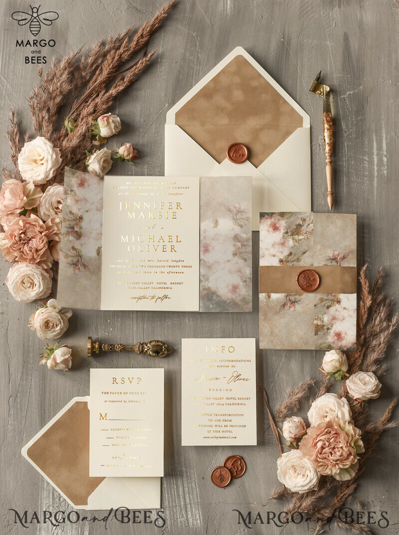 Nude Wedding invitations, Gold Wedding Invites with Vellum Wrapping and Wax seal, Vintage Flowers Wedding Cards-0
