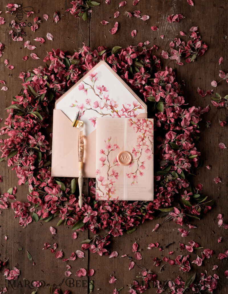  Luxury Golden Wedding Invitations, Romantic Pink Sakura Wedding Invites, Elegant Vellum Cherry Blossom Wedding Cards, Bespoke Blush Pink Wedding Invitation Suite-1