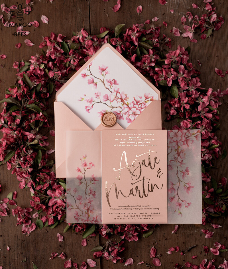 Elegant Vellum Cherry Blossom Wedding Cards: Luxury Golden Wedding Invitations with Romantic Pink Sakura Designs in a Bespoke Blush Pink Wedding Invitation Suite-2