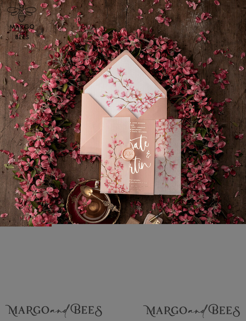 Elegant Vellum Cherry Blossom Wedding Cards: Luxury Golden Wedding Invitations with Romantic Pink Sakura Designs in a Bespoke Blush Pink Wedding Invitation Suite-3