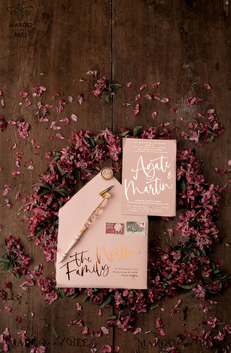 Bespoke Blush Pink Wedding Invitation Suite with Luxury Golden Accents and Romantic Pink Sakura Blossoms on Elegant Vellum Cherry Blossom Wedding Cards-5