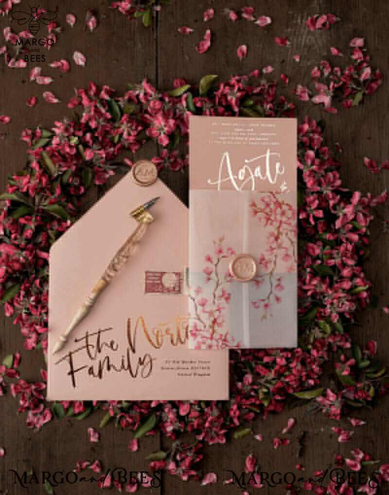 Exquisite Luxury Golden Wedding Invitations with Romantic Pink Sakura Design - Elegant Vellum Cherry Blossom Wedding Cards in a Bespoke Blush Pink Invitation Suite-7