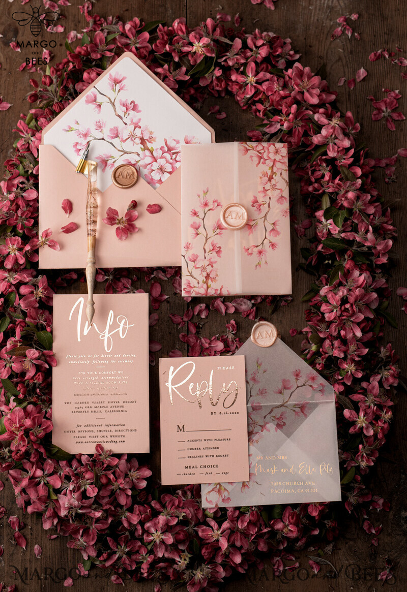 Elegant Vellum Cherry Blossom Wedding Cards: Luxury Golden Wedding Invitations with Romantic Pink Sakura Designs in a Bespoke Blush Pink Wedding Invitation Suite-8
