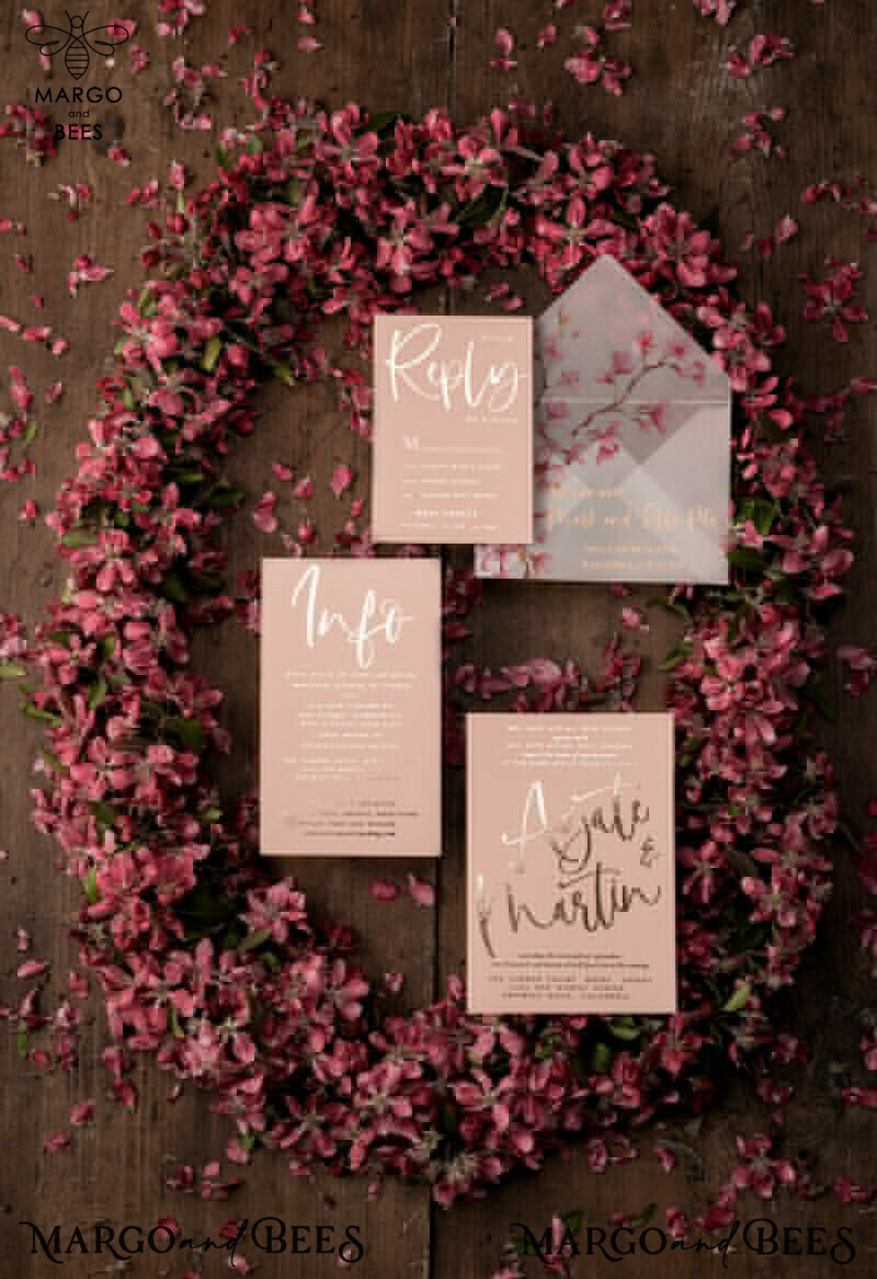 Elegant Vellum Cherry Blossom Wedding Cards: Luxury Golden Wedding Invitations with Romantic Pink Sakura Designs in a Bespoke Blush Pink Wedding Invitation Suite-9