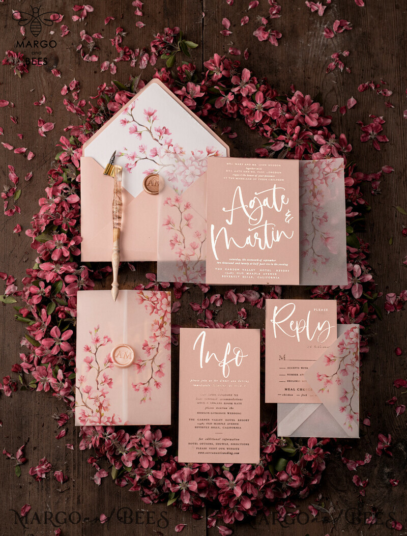 Bespoke Blush Pink Wedding Invitation Suite with Luxury Golden Accents and Romantic Pink Sakura Blossoms on Elegant Vellum Cherry Blossom Wedding Cards-0