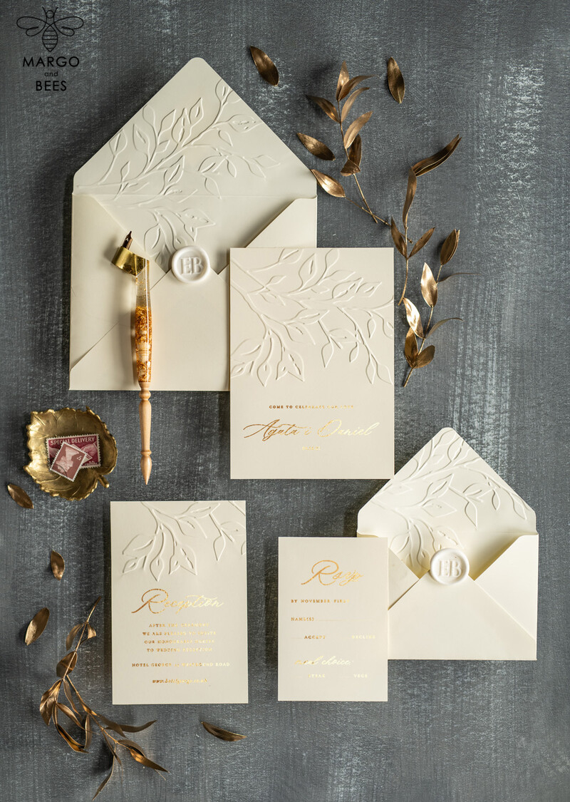  Luxury Embossed Wedding Invitations, Elegant Golden Pocketfold Wedding Invites, Glamour Golden Shine Wedding Cards, Minimalistic Ivory Wedding Invitation Suite-4