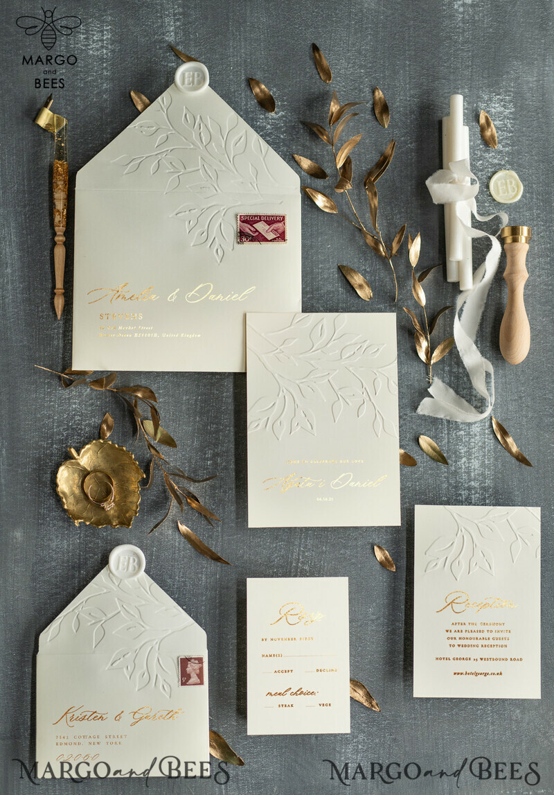 Embossed elegant wedding invitation Suite, Luxury Gold Wedding Invites  Embossing Branch, Ivory Leaves Wedding Cards-1