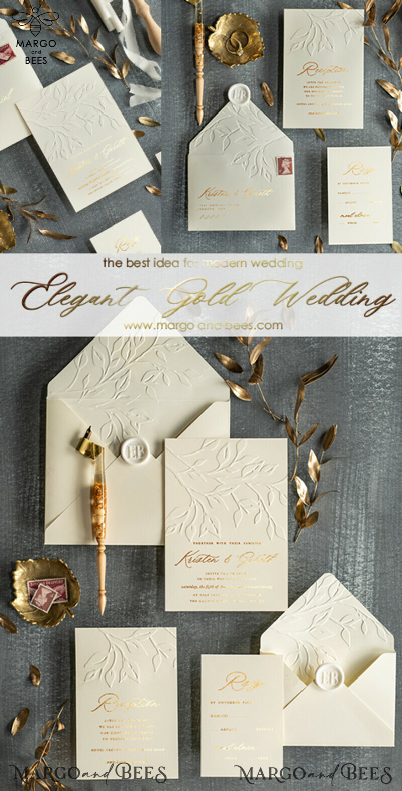 Luxury Embossed Wedding Invitations: Elegant Golden Pocketfold Wedding Invites with Glamour Golden Shine - Minimalistic Ivory Wedding Invitation Suite-8