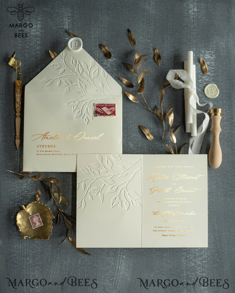 Embossed elegant wedding invitation Suite, Luxury Gold Wedding Invites  Embossing Branch, Ivory Leaves Wedding Cards-0