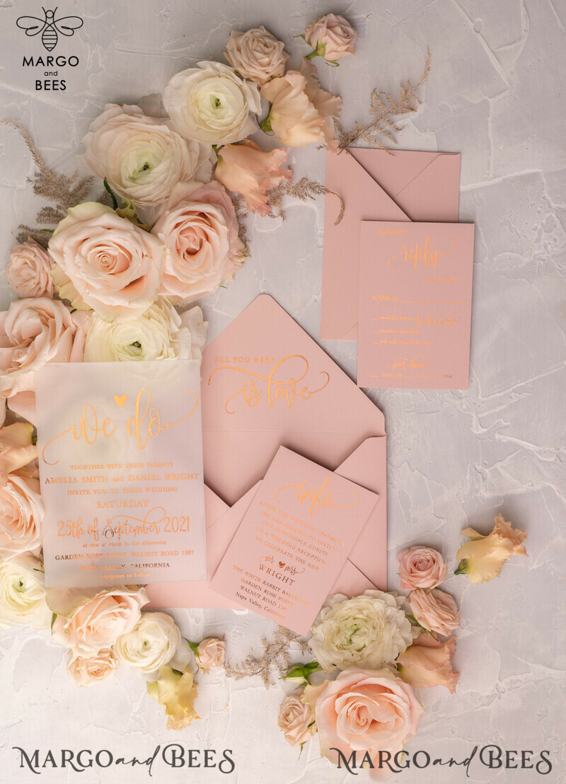 Gorgeous Glamour: Vellum Wedding Invitations with Golden Shine and Romantic Blush Pink Stationery-1