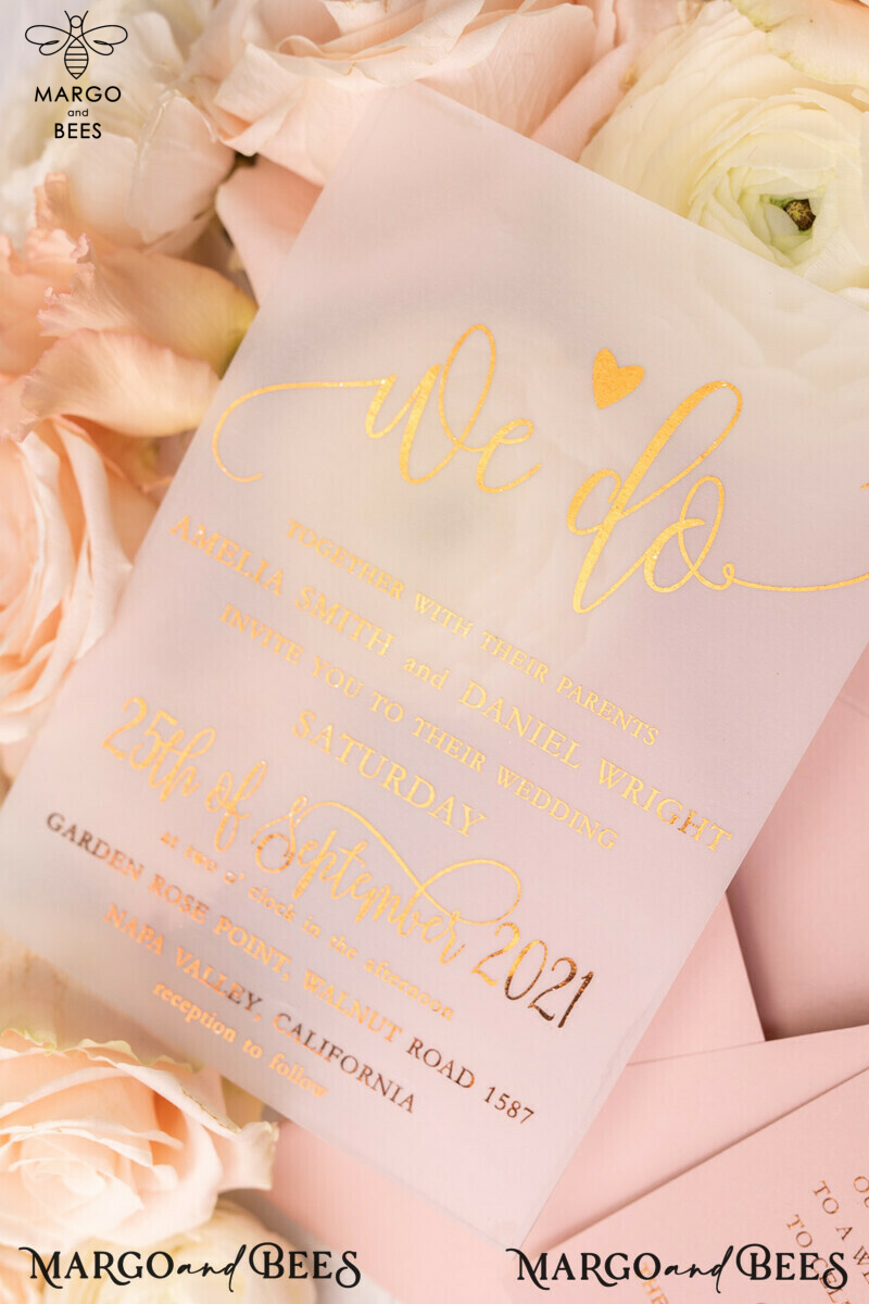 Gorgeous Glamour: Vellum Wedding Invitations with Golden Shine and Romantic Blush Pink Stationery-11