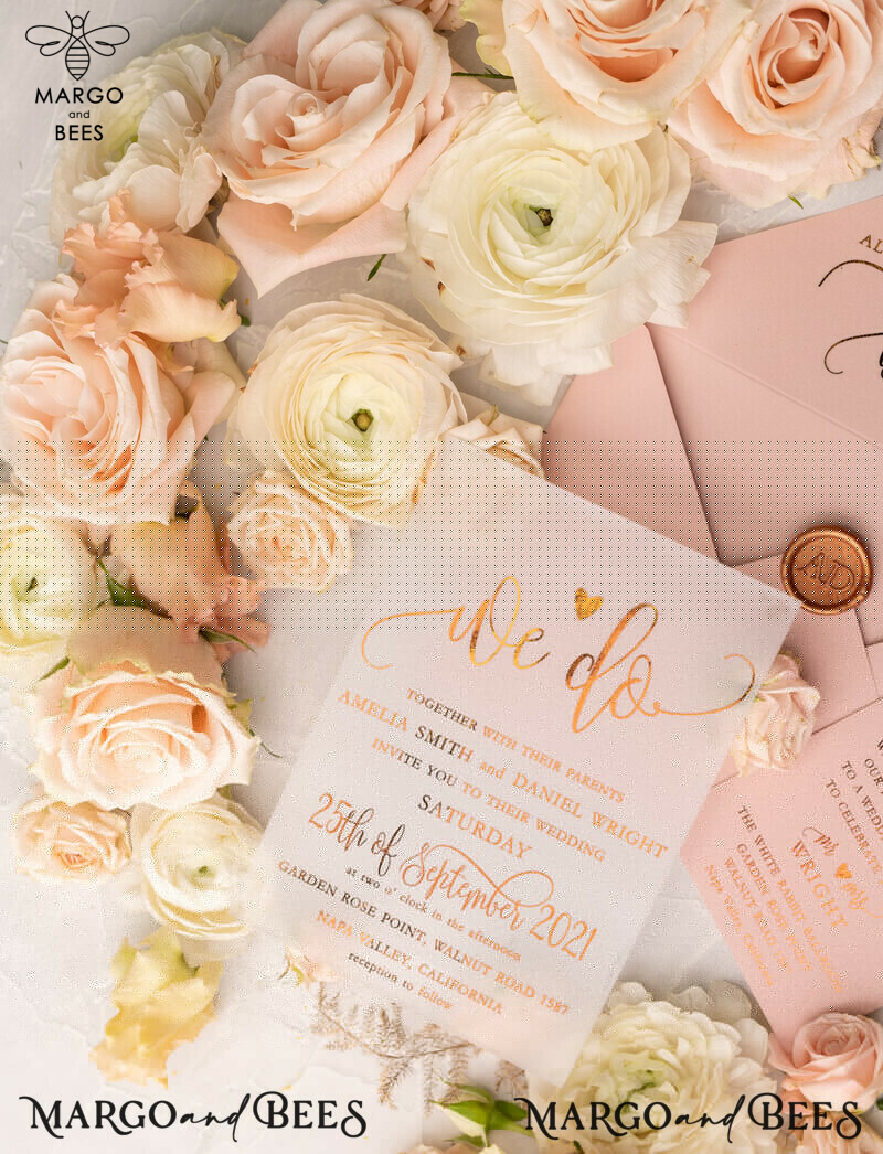 Gorgeous Glamour: Vellum Wedding Invitations with Golden Shine and Romantic Blush Pink Stationery-13