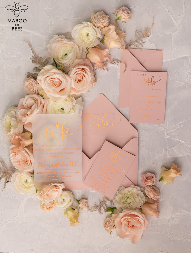 Gorgeous Glamour: Vellum Wedding Invitations with Golden Shine and Romantic Blush Pink Stationery-14