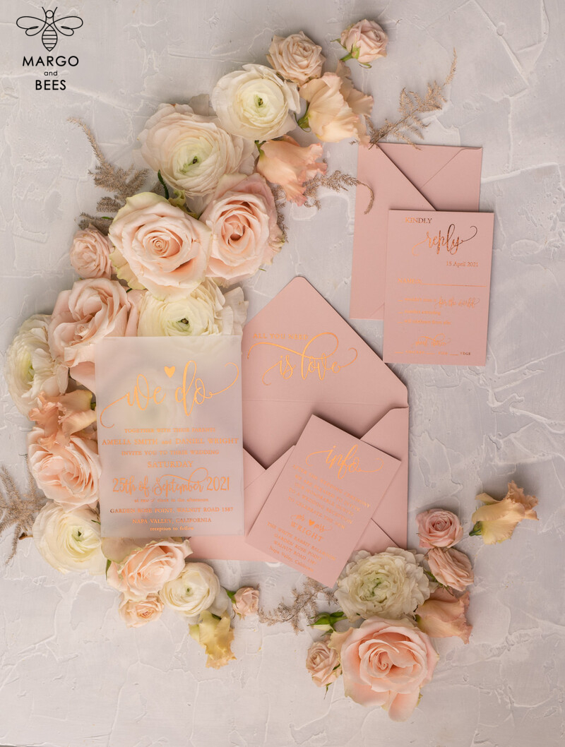 Glamour Vellum Wedding Invitations: Golden Shine, Romantic Blush Pink Stationery, Elegant Gold Foil Invites-14