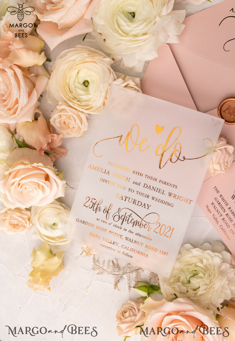 Gorgeous Glamour: Vellum Wedding Invitations with Golden Shine and Romantic Blush Pink Stationery-15