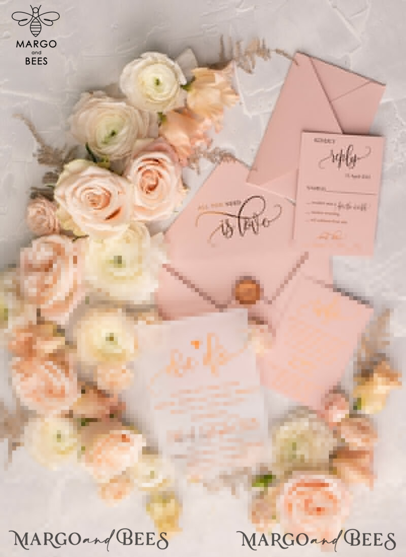 Gorgeous Glamour: Vellum Wedding Invitations with Golden Shine and Romantic Blush Pink Stationery-18