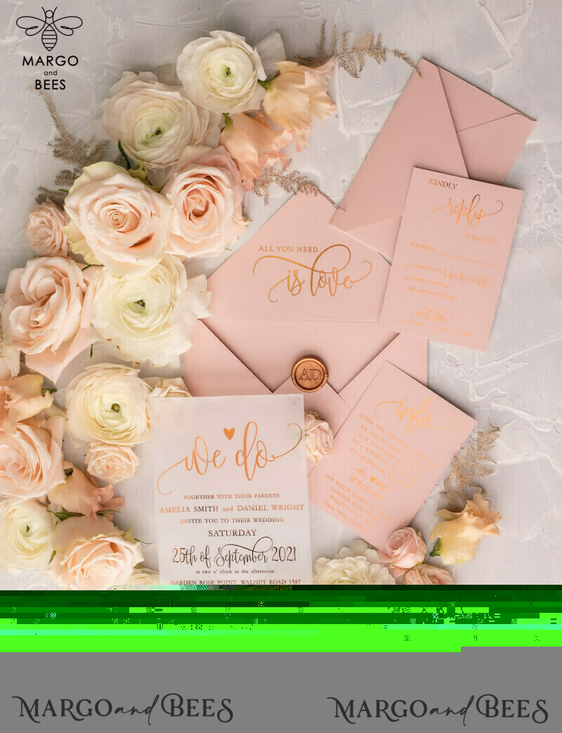 Gorgeous Glamour: Vellum Wedding Invitations with Golden Shine and Romantic Blush Pink Stationery-19