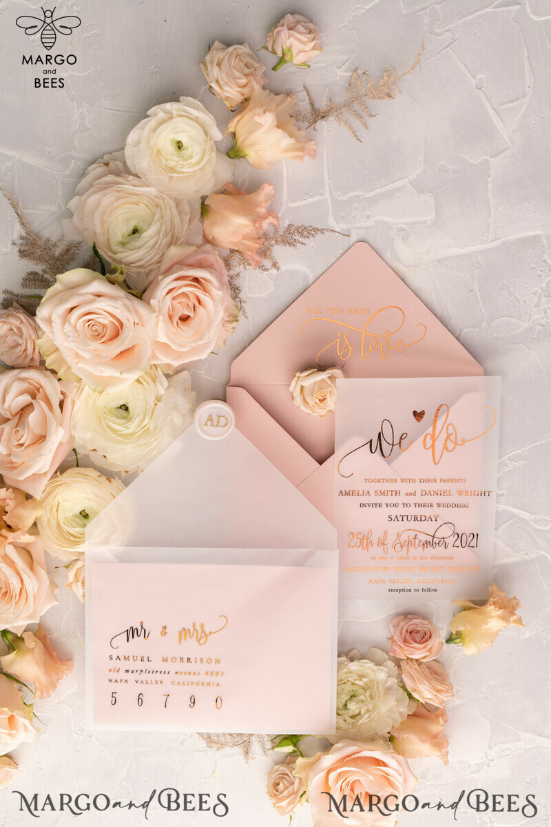 Gorgeous Glamour: Vellum Wedding Invitations with a Golden Shine and Romantic Blush Pink Wedding Stationery featuring Elegant Gold Foil Wedding Invites-2
