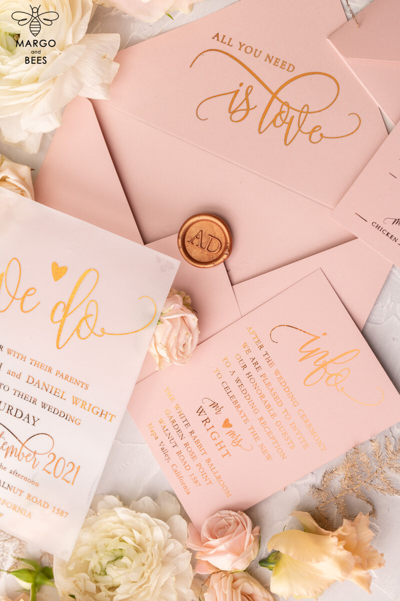 Gorgeous Glamour: Vellum Wedding Invitations with Golden Shine and Romantic Blush Pink Stationery-21