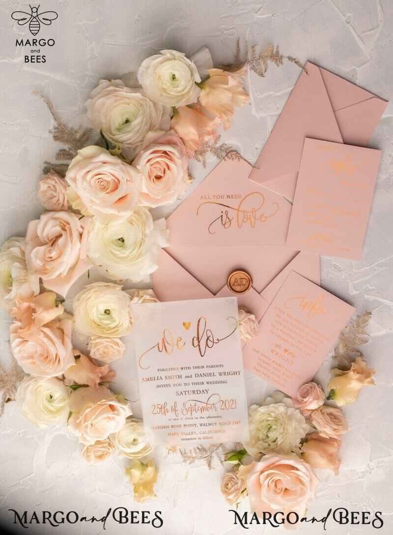 Gorgeous Glamour: Vellum Wedding Invitations with Golden Shine and Romantic Blush Pink Stationery-22