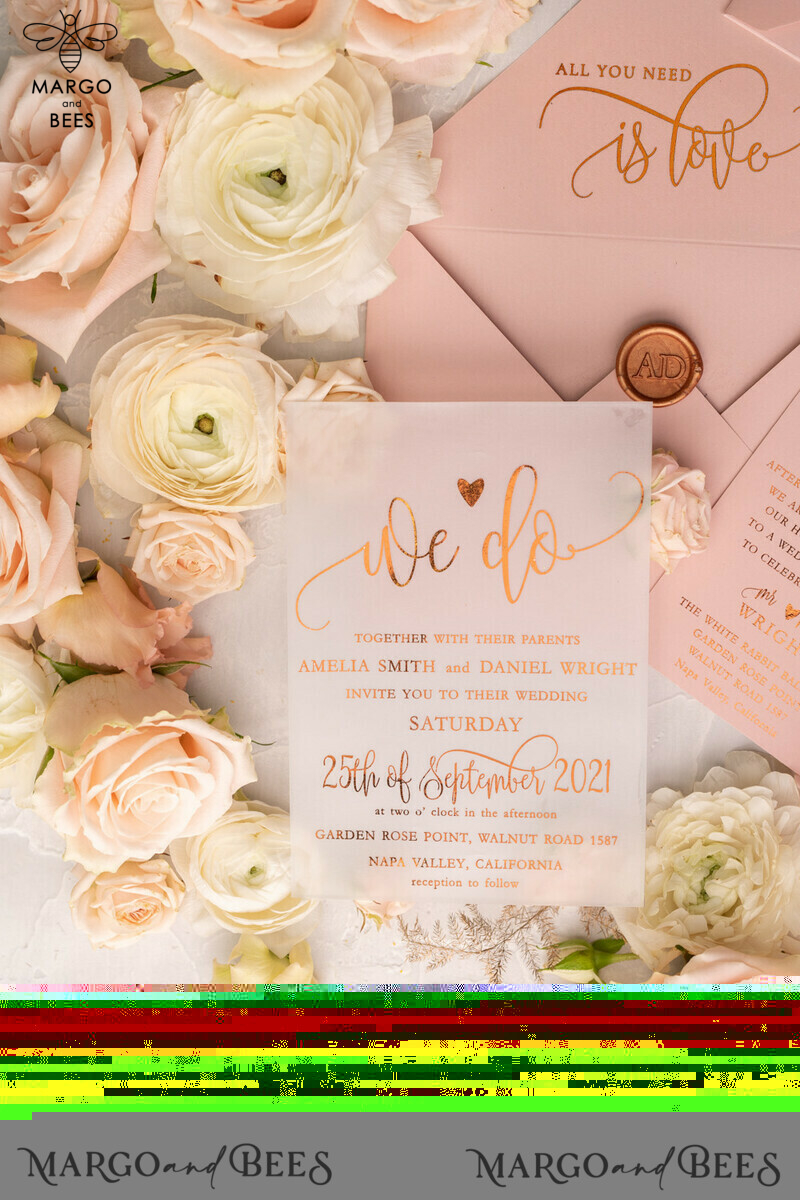 Gorgeous Glamour: Vellum Wedding Invitations with Golden Shine and Romantic Blush Pink Stationery-23