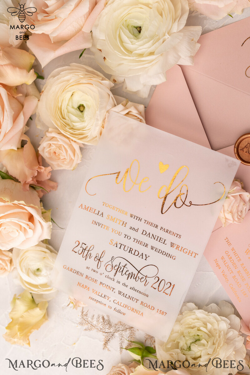 Gorgeous Glamour: Vellum Wedding Invitations with Golden Shine and Romantic Blush Pink Stationery-24