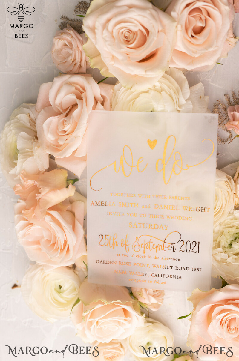 Gorgeous Glamour: Vellum Wedding Invitations with Golden Shine and Romantic Blush Pink Stationery-25
