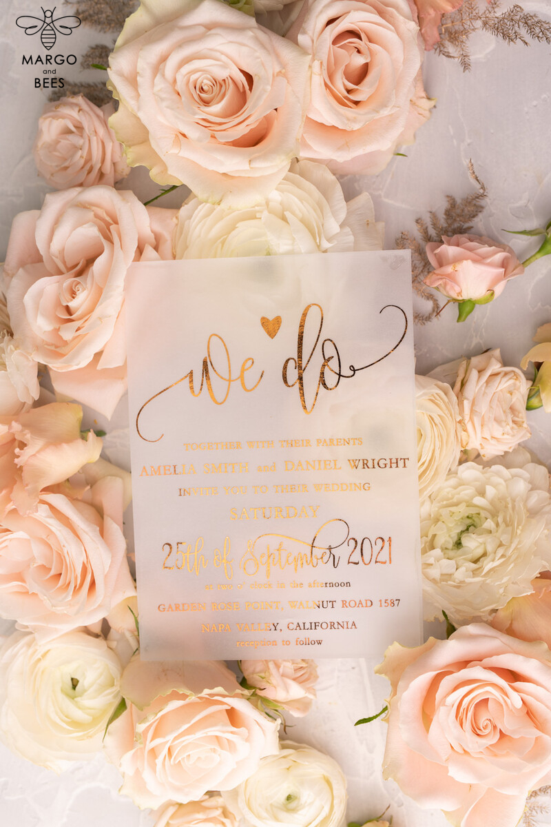 Gorgeous Glamour: Vellum Wedding Invitations with Golden Shine and Romantic Blush Pink Stationery-26