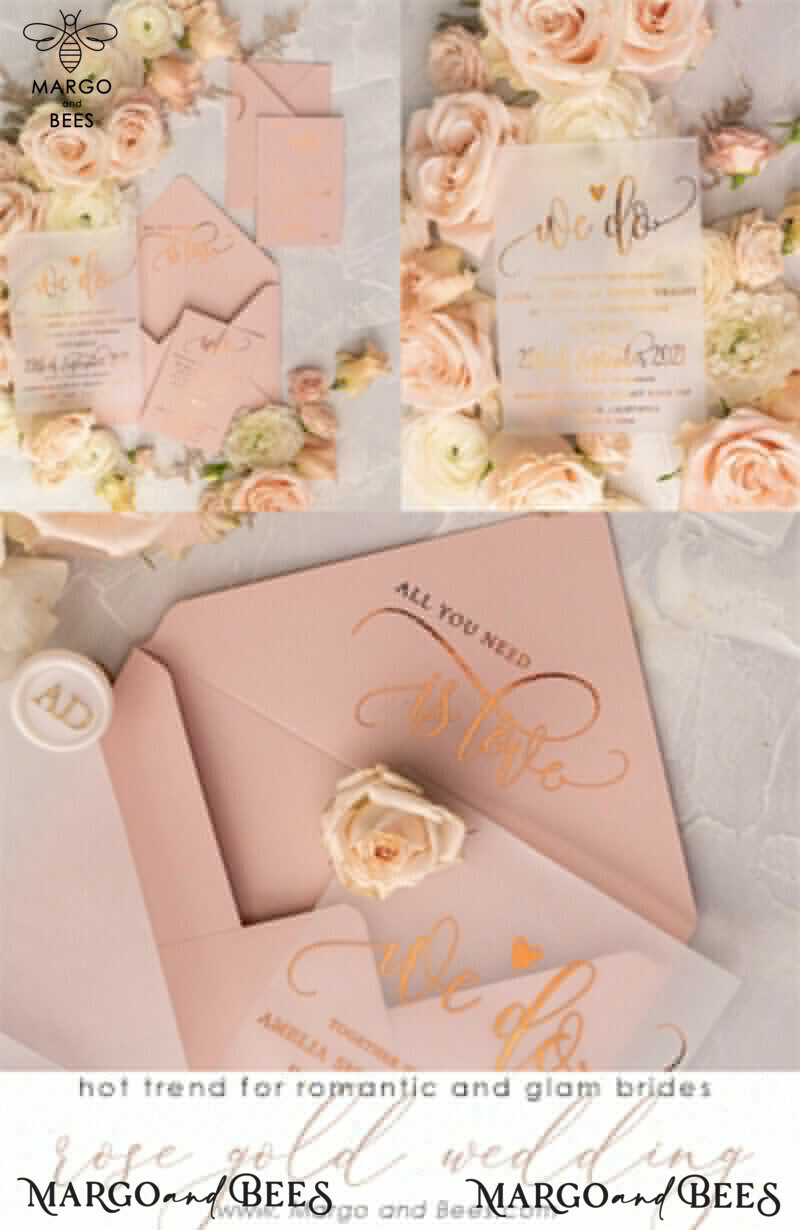 Gorgeous Glamour: Vellum Wedding Invitations with Golden Shine and Romantic Blush Pink Stationery-28