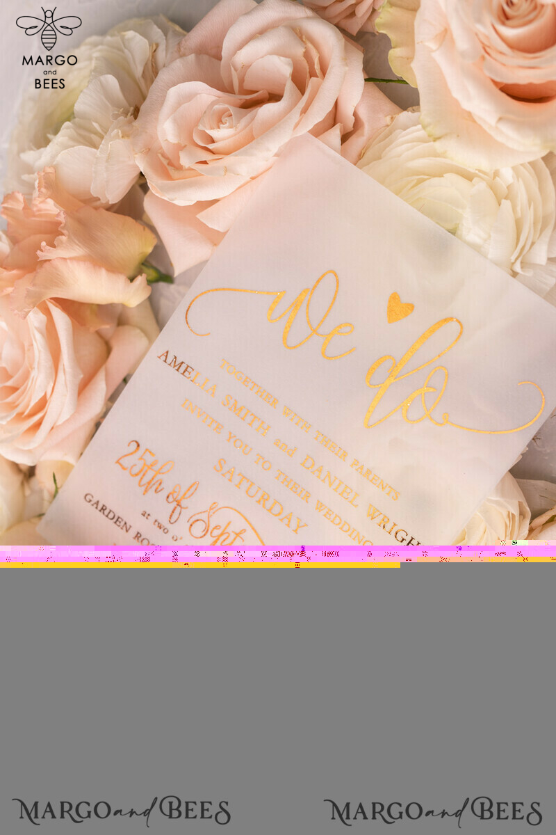 Gorgeous Glamour: Vellum Wedding Invitations with Golden Shine and Romantic Blush Pink Stationery-3
