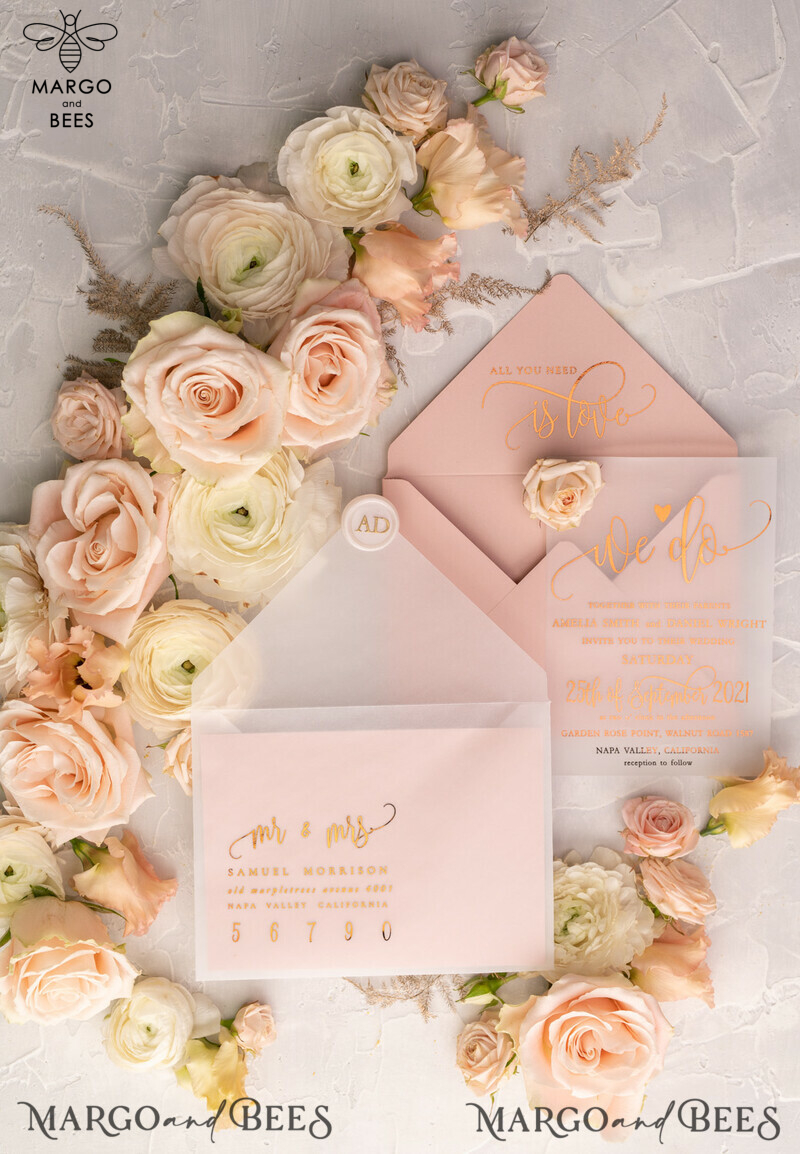 Gorgeous Glamour: Vellum Wedding Invitations with a Golden Shine and Romantic Blush Pink Wedding Stationery featuring Elegant Gold Foil Wedding Invites-4