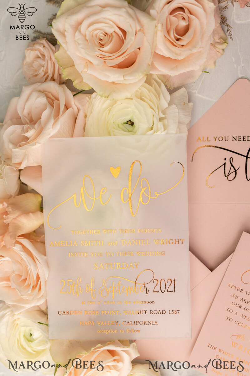 Gorgeous Glamour: Vellum Wedding Invitations with Golden Shine and Romantic Blush Pink Stationery-5