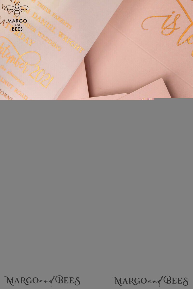 Glamour Vellum Wedding Invitations: Golden Shine, Romantic Blush Pink Stationery, Elegant Gold Foil Invites-8