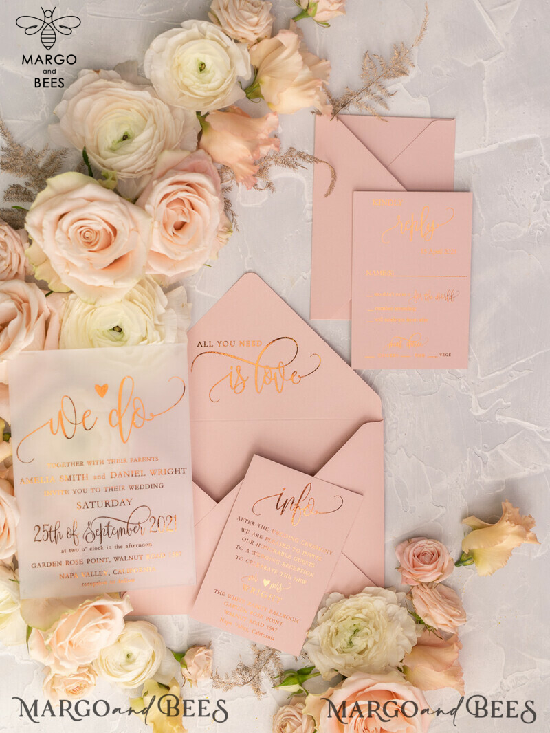 Gorgeous Glamour: Vellum Wedding Invitations with Golden Shine and Romantic Blush Pink Stationery-0