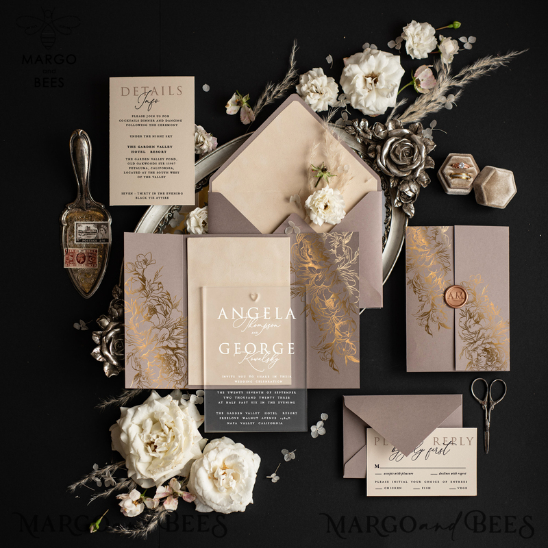 Luxury Golden Shine Wedding Invitations, Romantic Cappuccino Wedding Cards, Glamour Velvet Wedding Invites, Modern Gold Foil Wedding Stationery-0