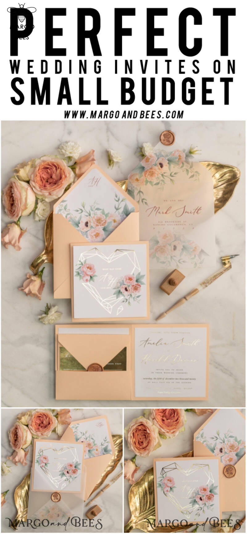 Luxory gold Wedding Invitations,  Peach Roses Elegant Wedding Stationery,  Floral Elegant Wedding Invitations Suite-17