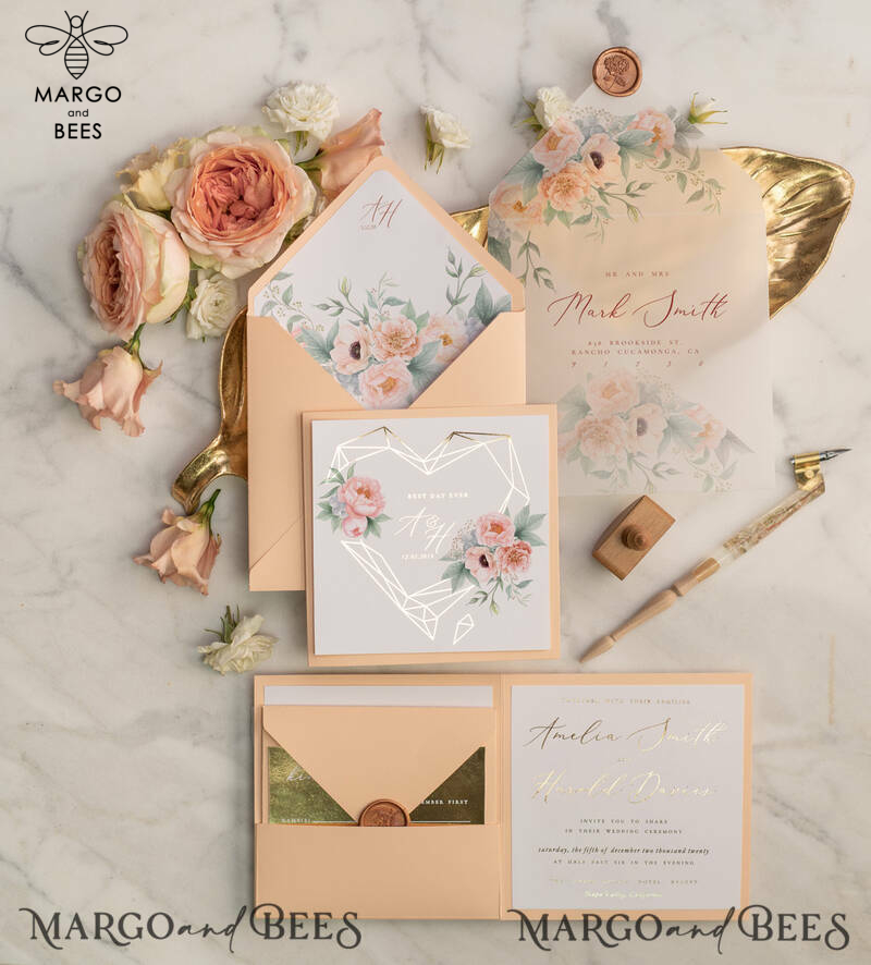  Elegant Peach Wedding Invitations, Luxury Gold Foil Wedding Cards, Glamour Golden Shine Wedding Invites, Romantic Floral Wedding Invitation Suite-2