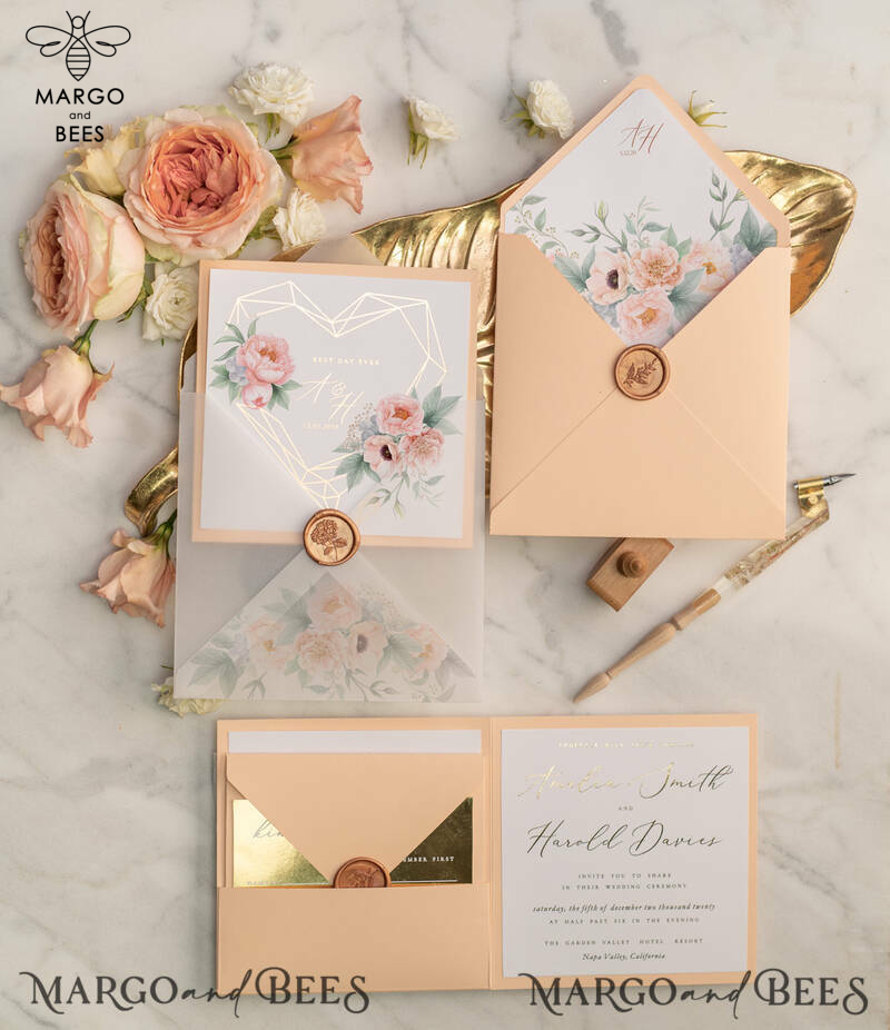  Elegant Peach Wedding Invitations, Luxury Gold Foil Wedding Cards, Glamour Golden Shine Wedding Invites, Romantic Floral Wedding Invitation Suite-3